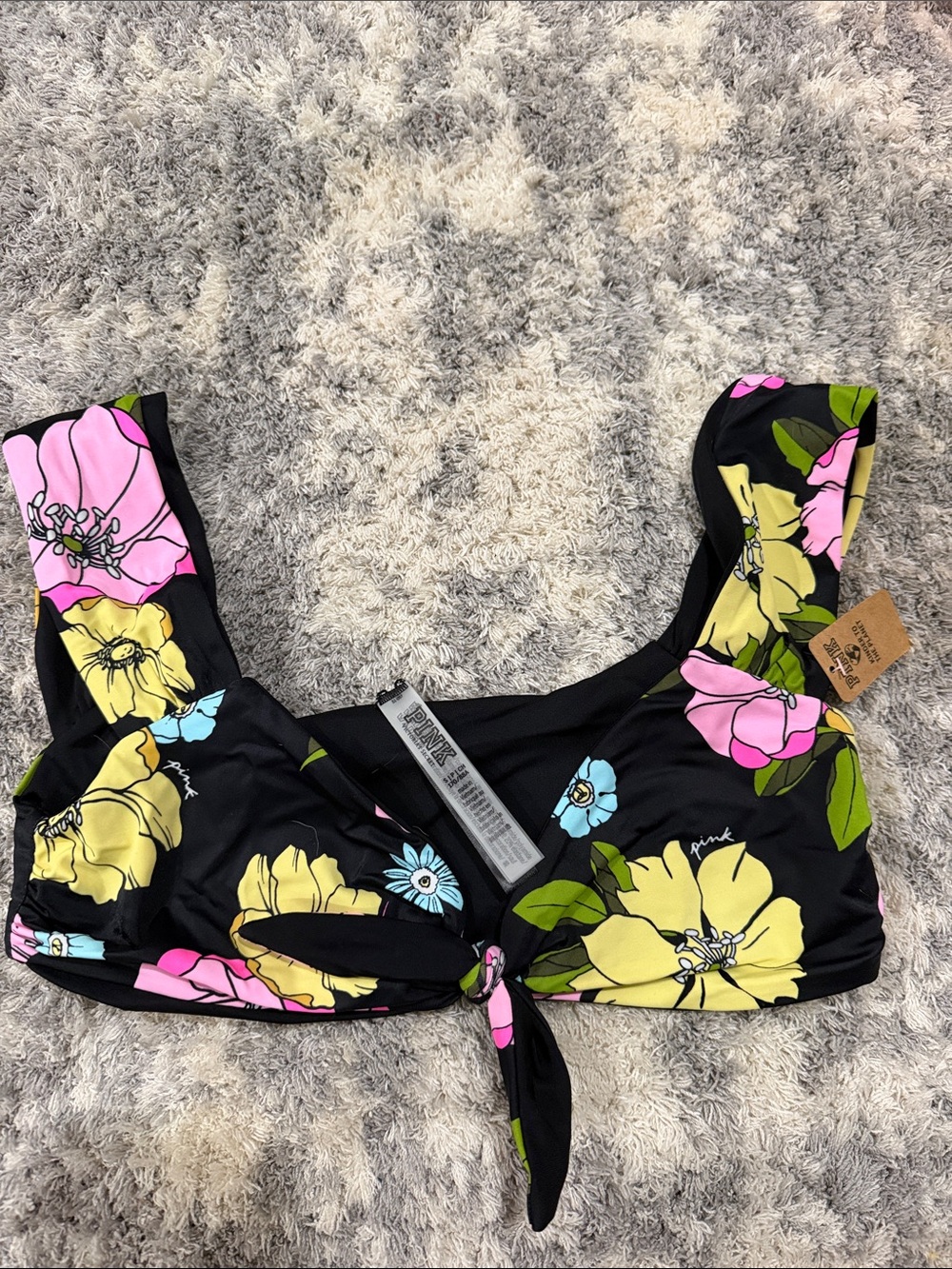 PINK Victoria's Secret Floral Tie-Front Black Crop Top